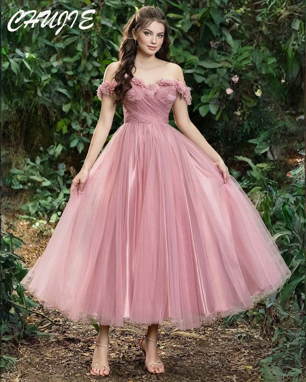 

Dusty Rose A line Prom Dress Mesh Flower Off Shoulder vestidos de noche Tea Length Formal Wedding Evening Dress 2025 Customized