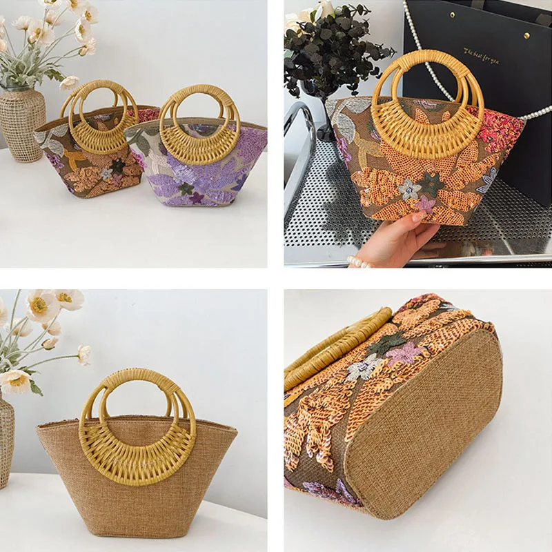 Summer Bucket Bag Sequin Flower Embroidery Straw Woven Bags Round Rattan Large Casual Tote Bag Vacation Bamboo Beach Handbag