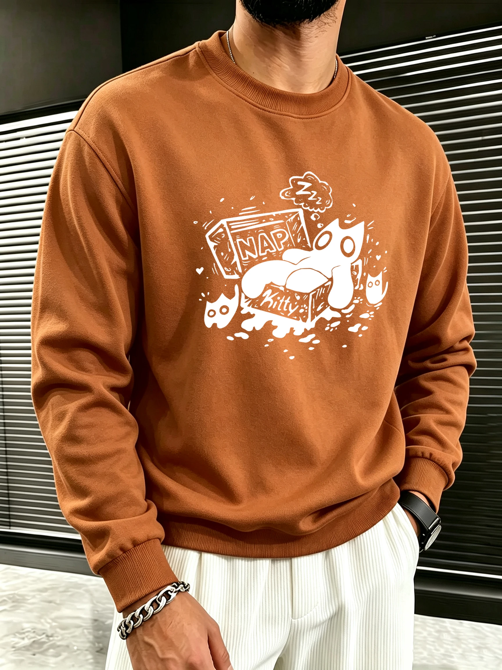 Sleeping Cat Nap Box Printing Men Sweatshirt Jogging Casual Clothes Korean Loose Sportswear Autumn Fleece Male Pullovers