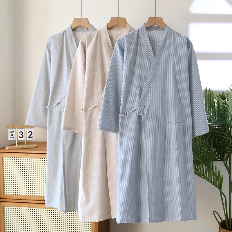 Japanese Double-layer Cotton Striped Design Men's Kimono Lace Up Bathrobes for Spring and Autumn Thin Home Wear Men's Robe
