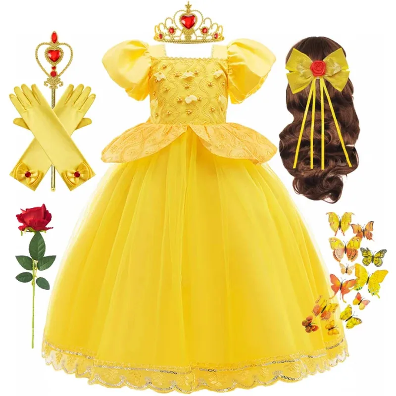 

Belle Girls Cosplay Princess Dress Halloween Party Costume Children Christmas Birthday Flower Beauty Beast Fancy Disguise Gown