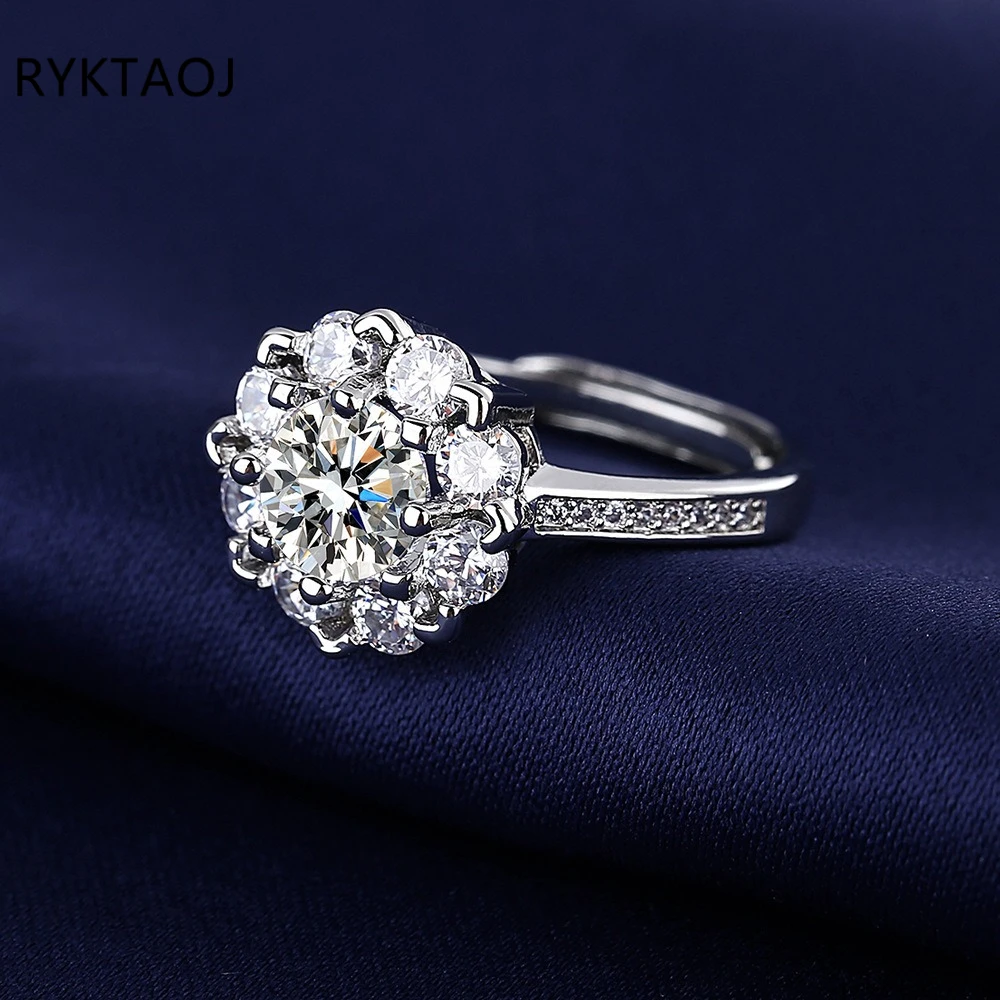 925 Sterling Silver Sunflower Halo Moissanite Ring 1CT Round Brilliant Cut Cluster Adjustable Open Band Wedding Women Jewelry