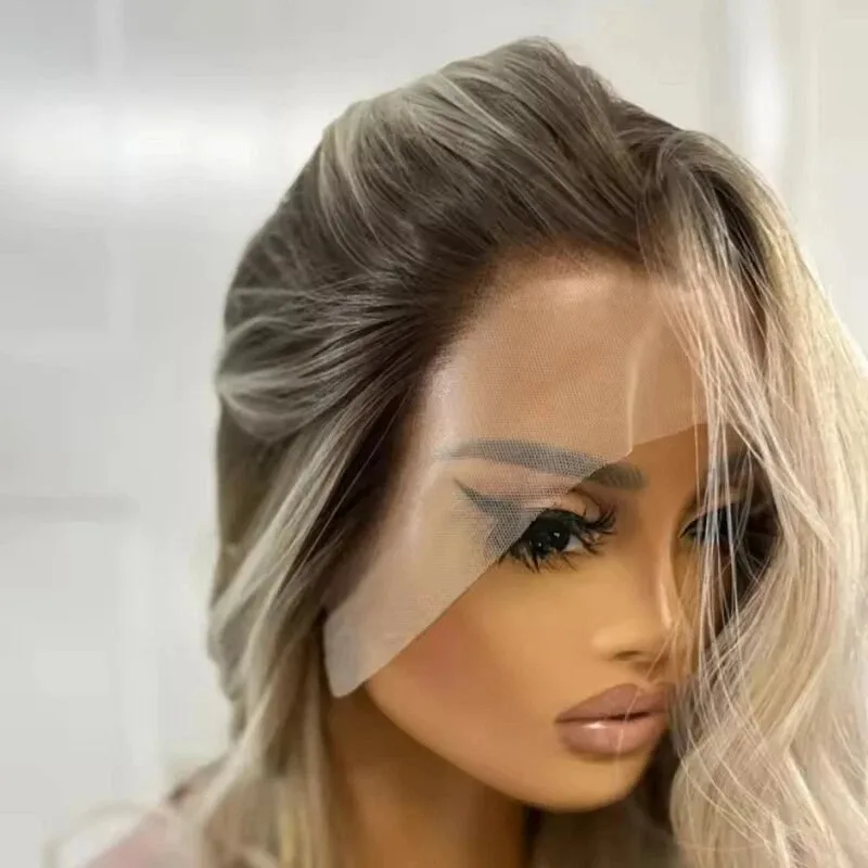 Invisible Transparent Lace Ombre Ash Blonde Wig with Dark Roots Party Wigs Lace Front Wig Synthetic 13x4 HD Wigs For Women 20''