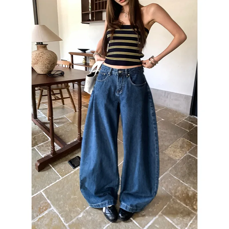 Women's Jeans Vintage Embroidery Curved Blade Pants Classic Blue Relaxed Street Dance Fashionable Denim Trousers