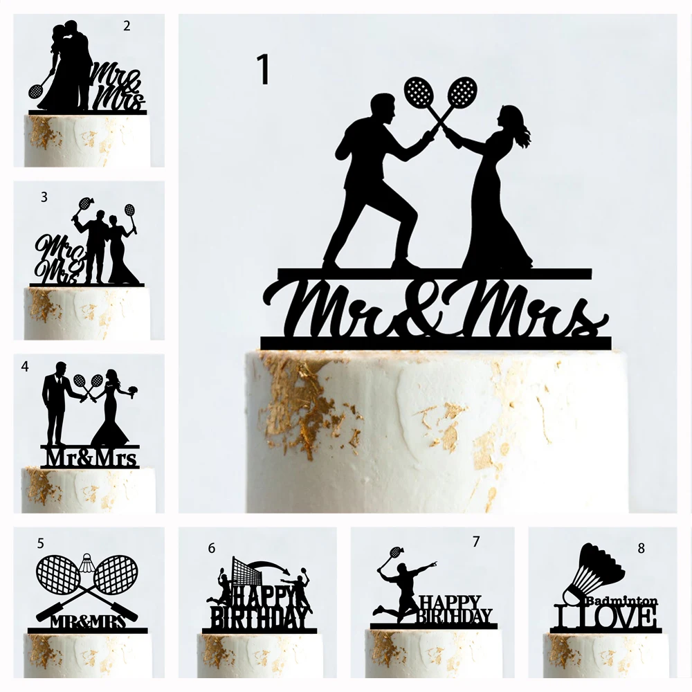 Badminton Wedding Cake Topper Mr Mrs Happy Birthday Acrylic Sports Birthday Party Male Female Badminton Player Silhouette Decor