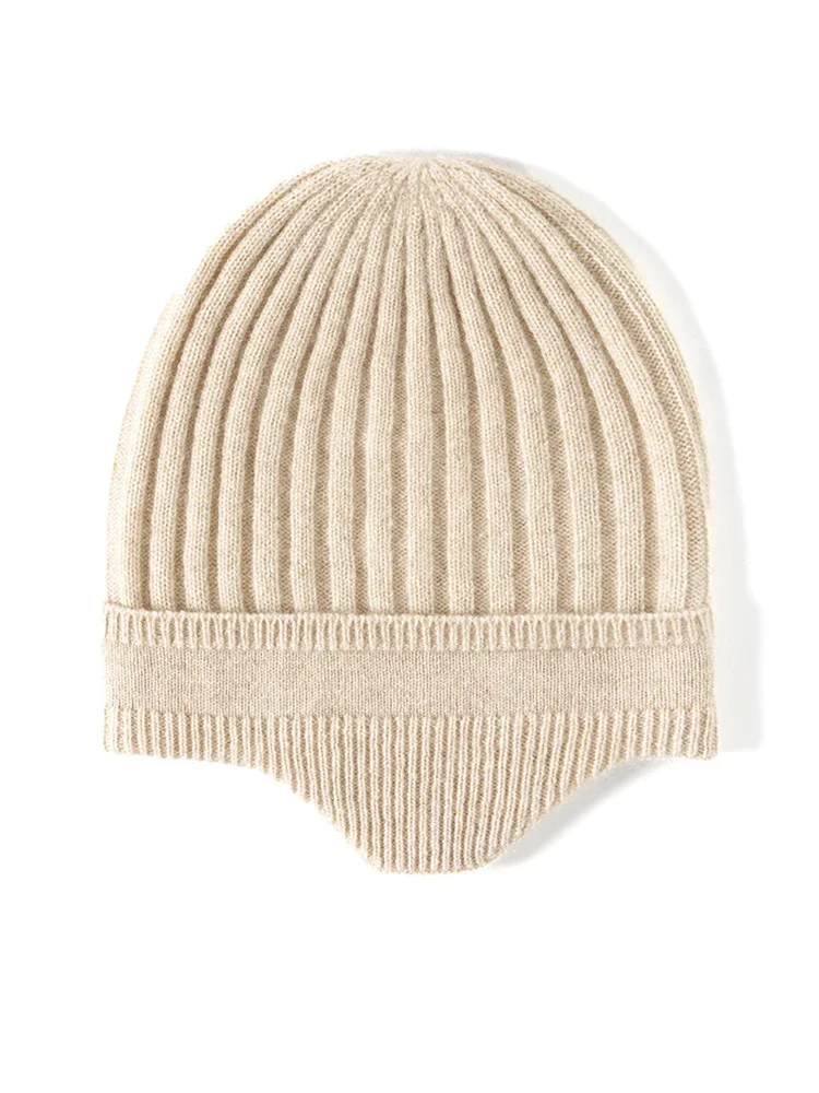 Cashmere Knit Earflap Caps Ribbing Thick Beanies 2023 Winter Vintage Hat Soft Hat Wool Blend Warm Hair Bonnet for Women Men