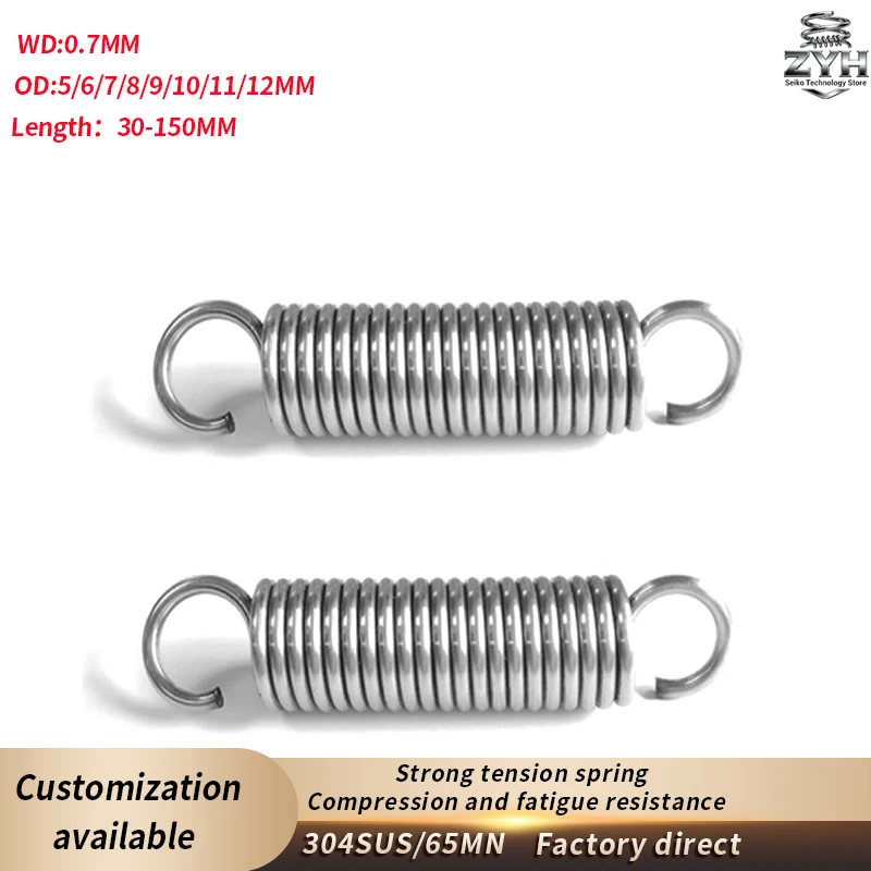 

2pcs strong tension spring 304SUS/65MN WD0.7mm, OD5-12mm, Length 30-150mm hardware and electrical accessories tension spring