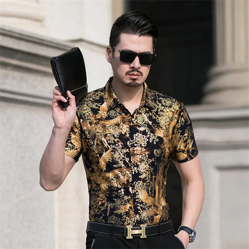 Designer Brozing Print Shirts For Men Long Sleeve Silky Easy Care Spring New Trends Quality Formal Shirt Gentleman Chemise Homme
