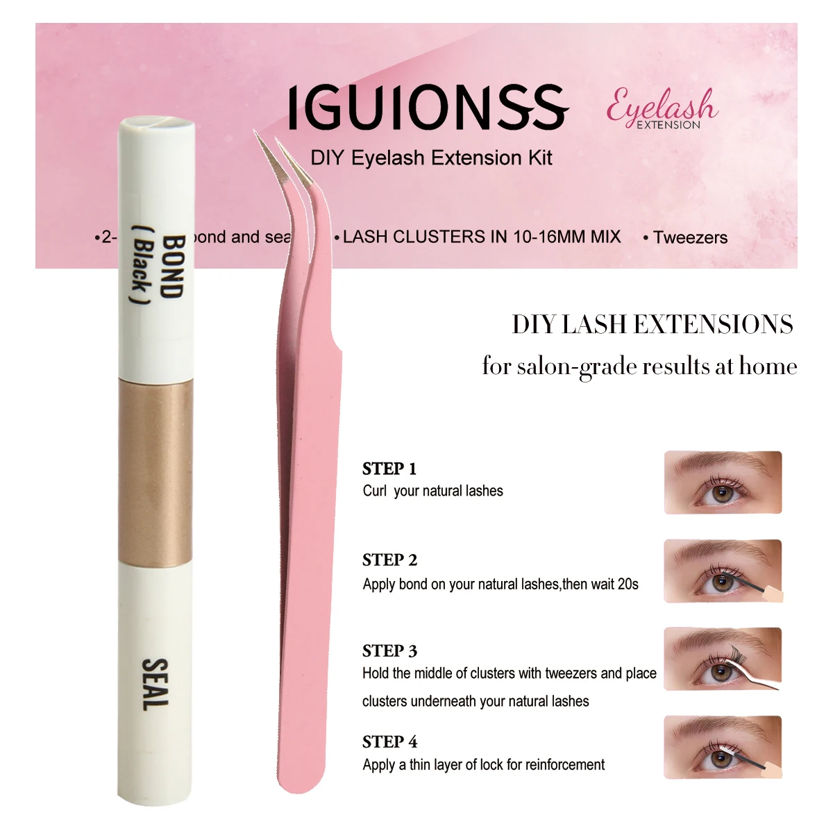 IGUIONSS Lash Extension Kit 240pcs Lash Clusters IG03 Curl DIY 10-16mm with Lash Bond and Seal Lash Tweezers