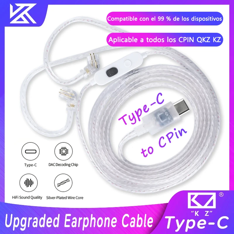 Cables de actualización KZ Silver DAC decodificador digital de 2 pines, cable para auriculares tipo C con micrófono para KZ DQ6 ZAX ZSX ZAR ZVX ZSN PRO ZS10 PRO