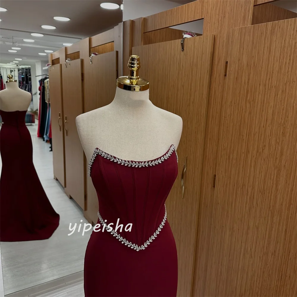 맞춤형 모던 스타일 패션 저지 라인스톤 플리츠 머메이드 스트랩리스 롱 드레스 맞춤형 행사 드레스 포멀 매칭