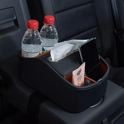 

JSCARLIFE Leather Car Seat Organizer with Cup Holder & Tissue Storage – Waterproof SUV Truck Van Accessory