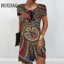 Ethnic Style Vintage Dresses For Women 2024 Summer Fashion 3D Printed Short Sleeve Mini Dress Casual Pullover Loose Retro Dress