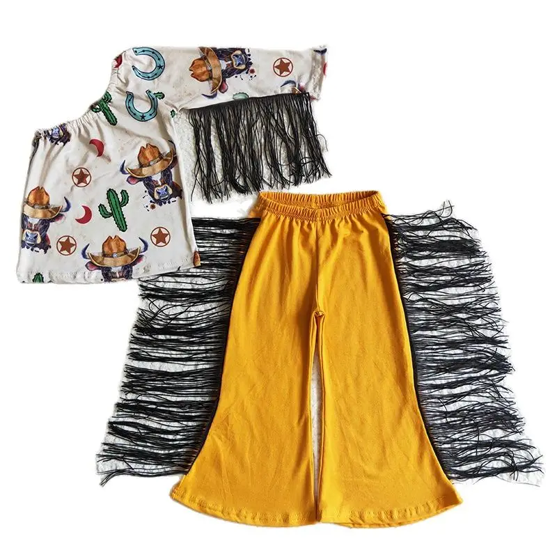 Western Cactus Cow Baby Girl One Shoulder Kid Fringe Bull Clothes Yellow Cotton Pants Wholesale Toddler Set Children Fall Outfit