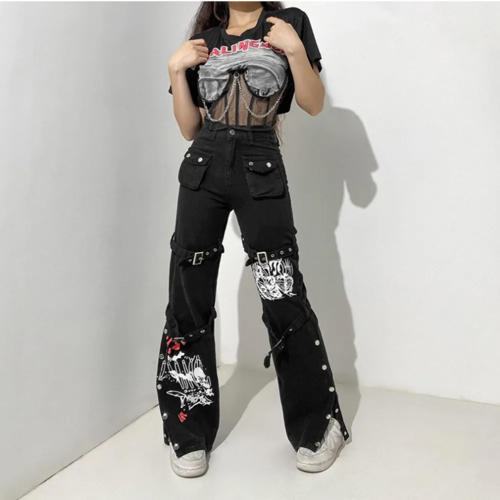 

2024 Summer Street Cool Style European and American Design Printed Metal Buckle Denim Drape Trousers Sweatpants Women