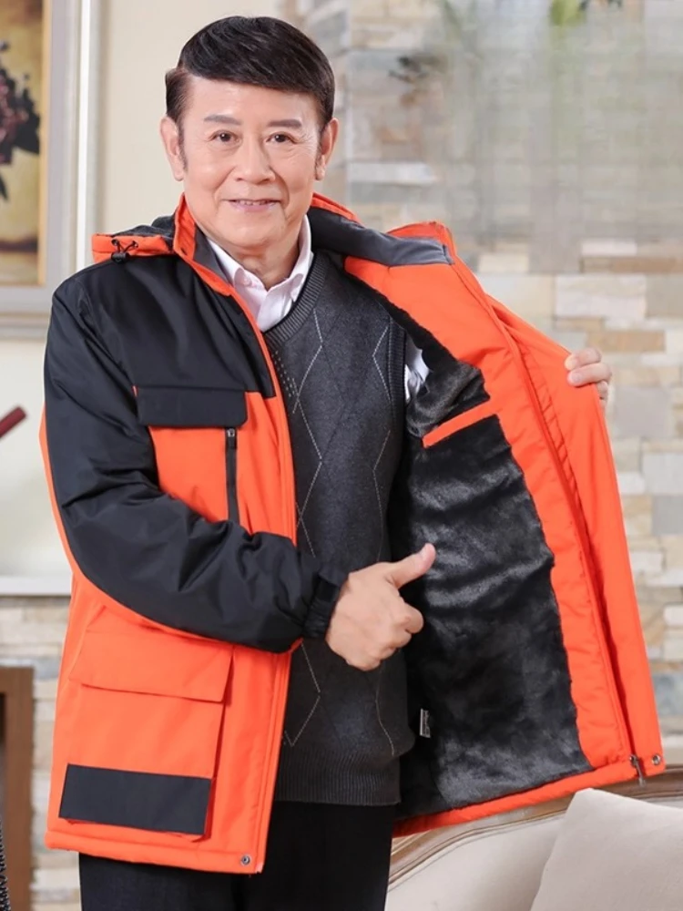 الرجال في منتصف العمر الشتاء سميكة الصوف القطن معطف يندبروف في الهواء الطلق التباين مقنعين سترات فائدة متعددة جيب سترات دافئة