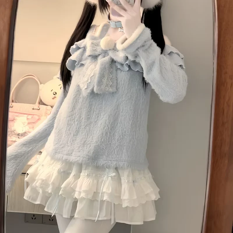 Japanische Kawaii Lolita Stil Gestrickte Pullover Frauen Niedlichen Kaninchen Ohren Bogen Off Schulter Pullover Weibliche Süße Blaue Strickwaren Tops