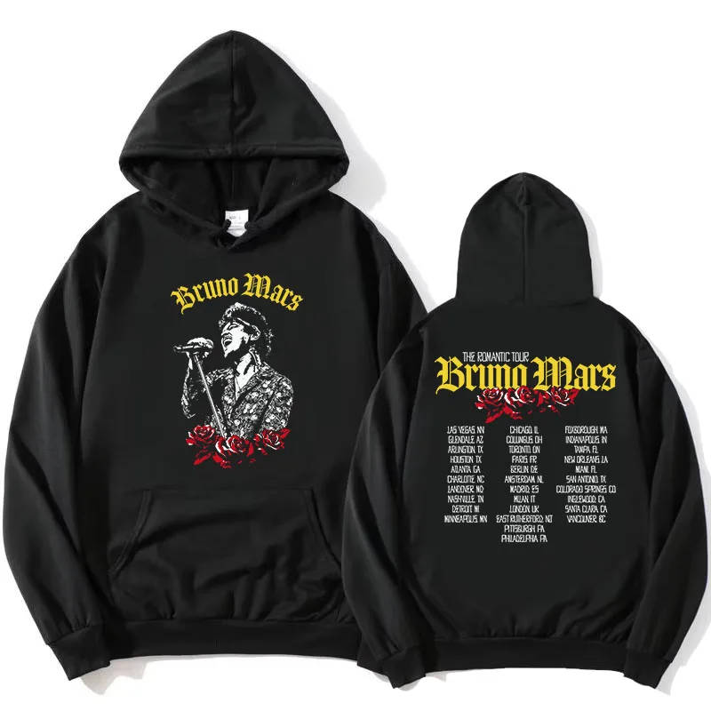 The Romantic Tour Hoodie BRUNO MARS Singer Design Sweatshirt Long Sleeve Loose Hooded Pullovers Women Men Clothing Print Merch