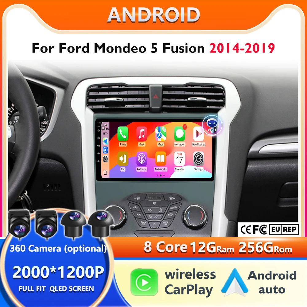 For Ford Mondeo 5 Fusion 2014-2019  Android 16 4G+wifi Car Radio Multimedia Navigation 12+256 Wirelss BT Carplay 2K QLED Screen