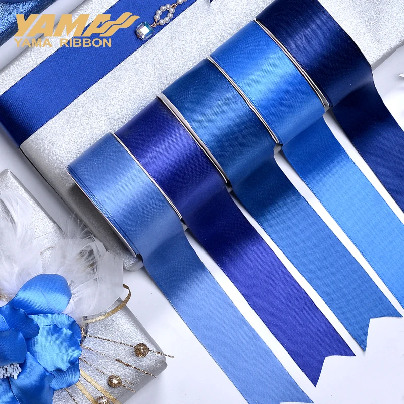 YAMA 50 57 63 75 89 100 mm 100yards/lot Blue Ribbons for Party Wedding Decoration Handmade Rose Flowers Double Face Satin Ribbon