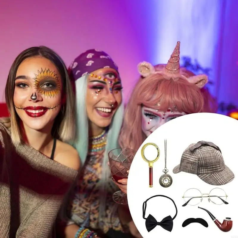 2025 Neues 7PCS -Detektivkostümzubehör für Erwachsene Detective Hat Man Inspector Kostüm für Maskerades Halloween Cosplay