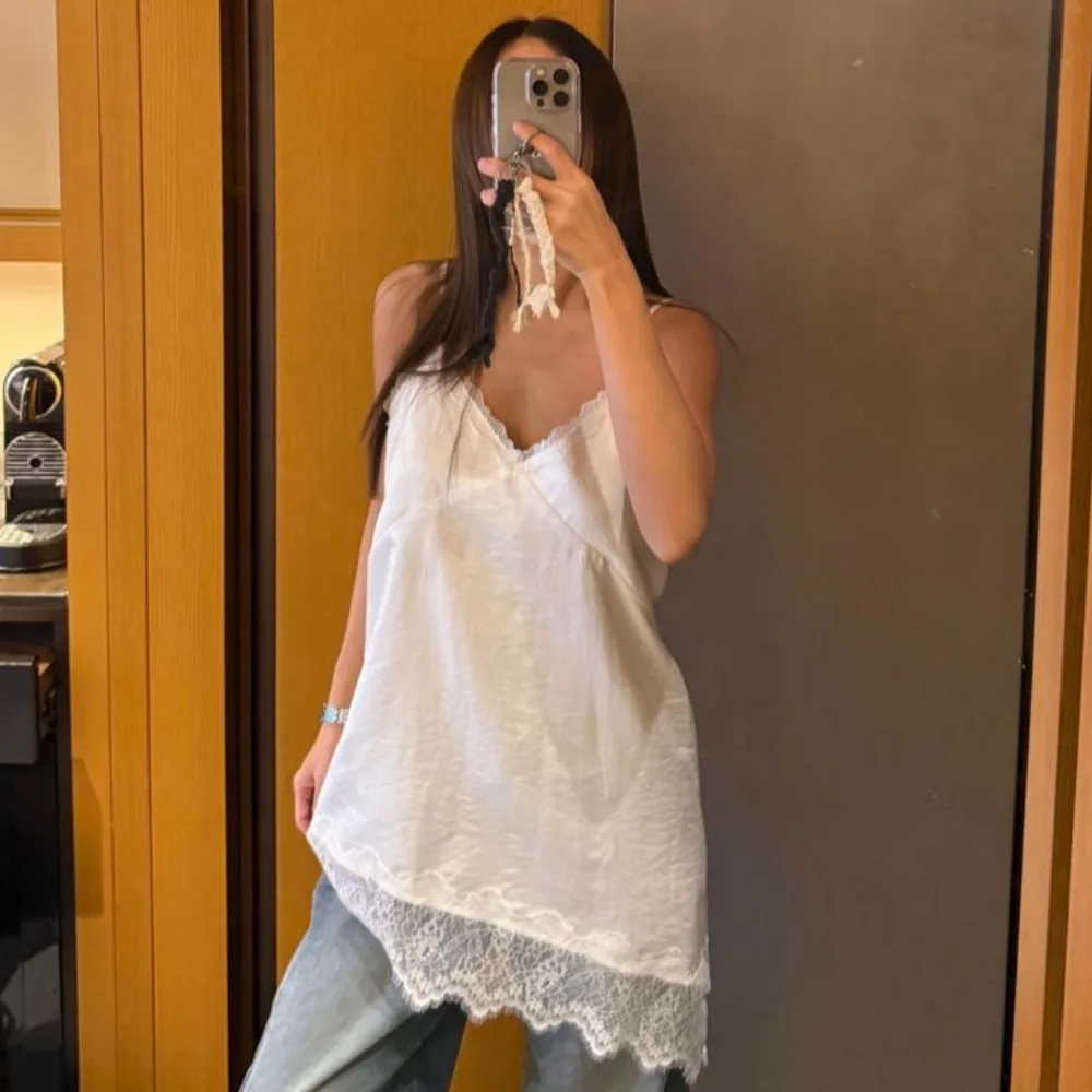 

Summer New Style Lace Collar Side Slit Design Dress Women's Pure Color Inner Strap Dress Splice Lace Front Asymmetrical Hem D...
