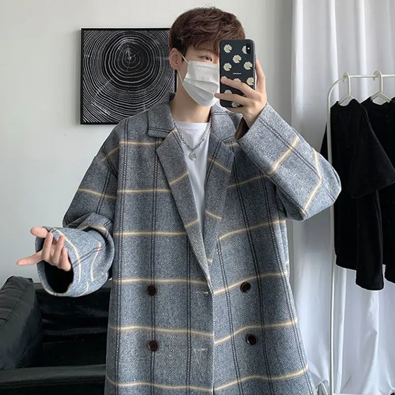 

Men's Oversized Thickened Plaid Wool Coat Long Winter Autumn British Style Double Breasted Vintage Trench Coat