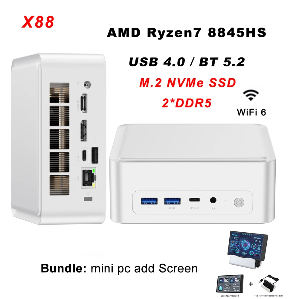 

SZBOX X88 8845HS With Secondary Screen Mini PC Windows 11 DDR5 M.2 NVME SSD 2.5G LAN HDMI2.0 USB4.0 WIFI6 BT5.2 Gamer Computer