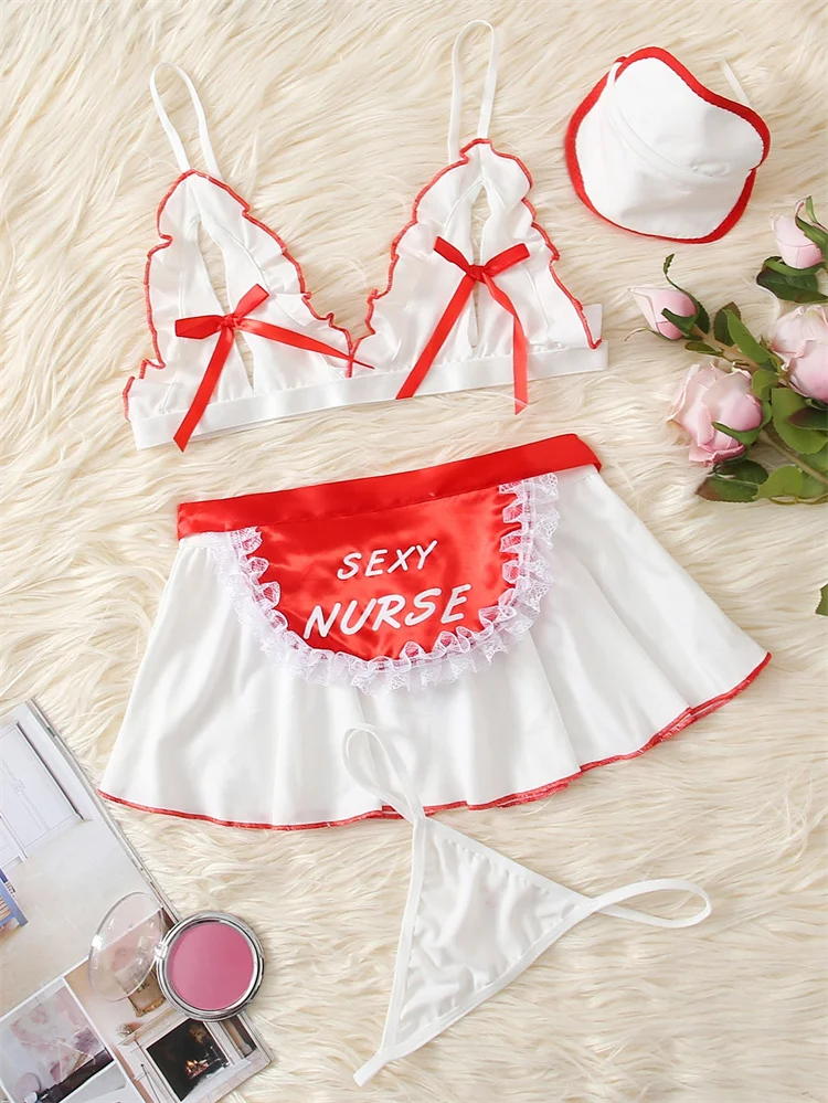 مثير فتاة ممرضة زي الساخن الحسية الملابس الداخلية 5 قطعة الملابس الداخلية المثيرة الأحمر القوس الصدرية الكشكشة تنورة شقي تأثيري الملابس الداخلية الموحدة #2