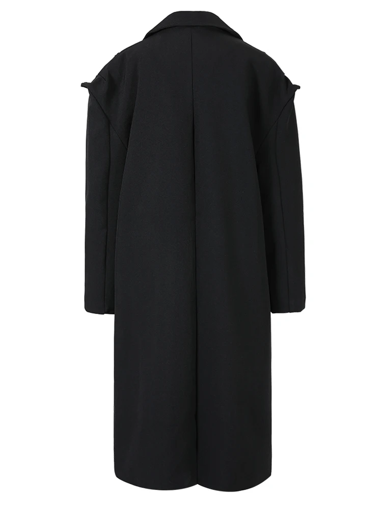 [EAM] Women Black Buckle Big Size Long Trench New Lapel Long Sleeve Loose Fit Windbreaker Fashion Spring Autumn 2024 CPG0715