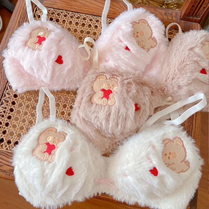 

Japanese Girl Lolita Lingerie for Women Bra 2PCS Sexy Plush Wireless Bralette Cartoon Bear Warm Ropa Interior Femenina Girl Bras
