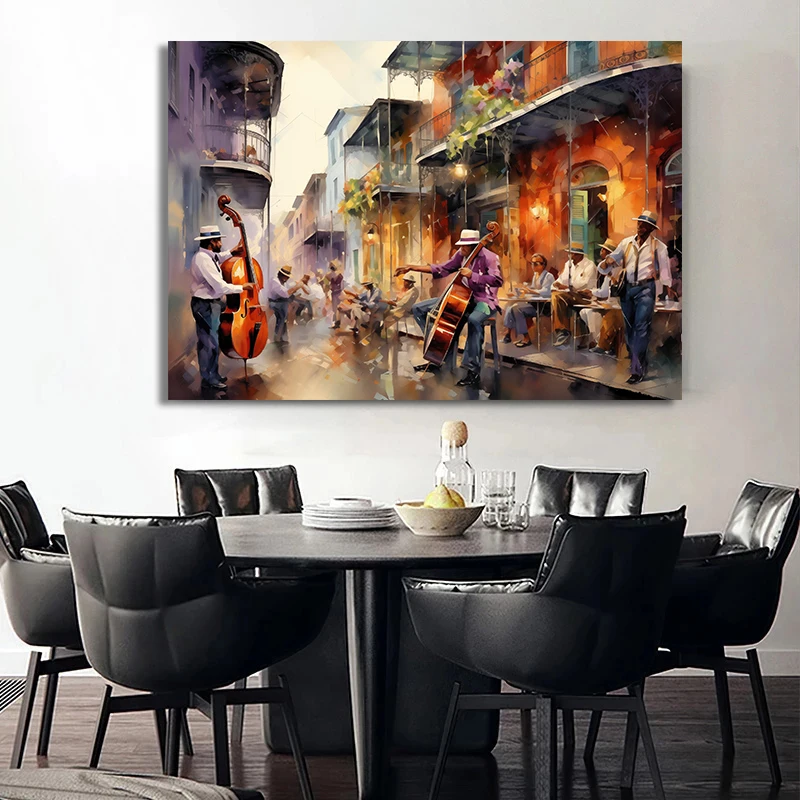 Abstract New Orleans Jazz  Bourbon Street Cello Art Canvas Painting Nordic Posters and Prints Wall Picture for Living Room Decor