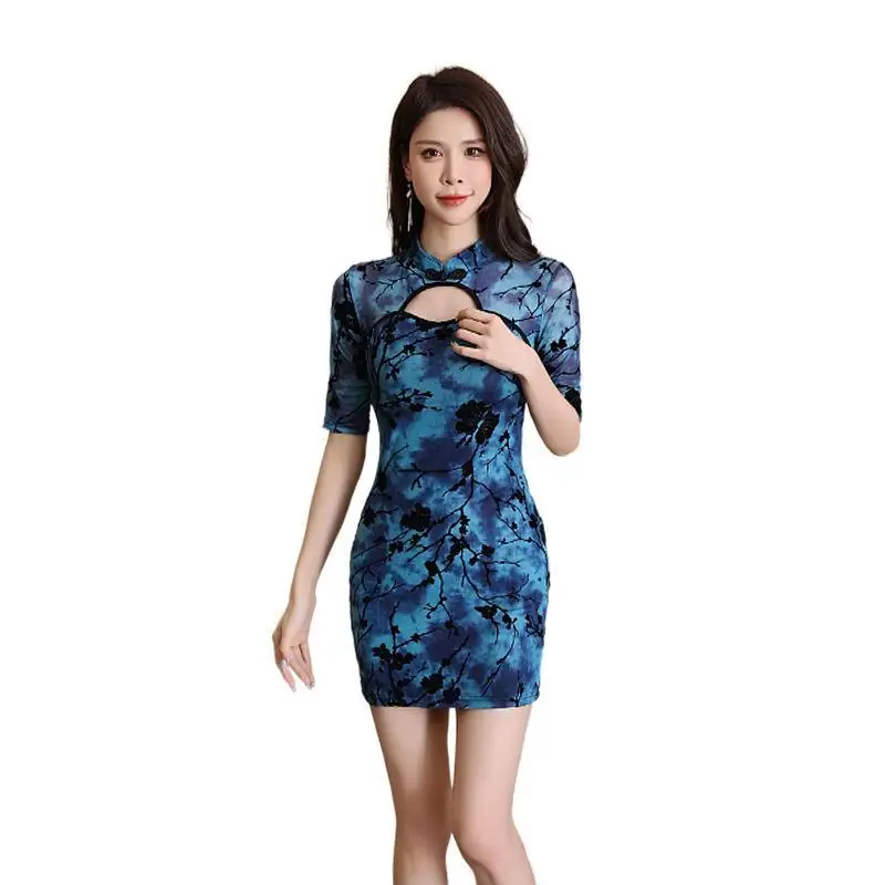 Chinese Sexy Cheongsam Foot Bath Technician Uniform Waist Cinching Slimming Printed Dress Health Club Short Skirt Work Clothes
