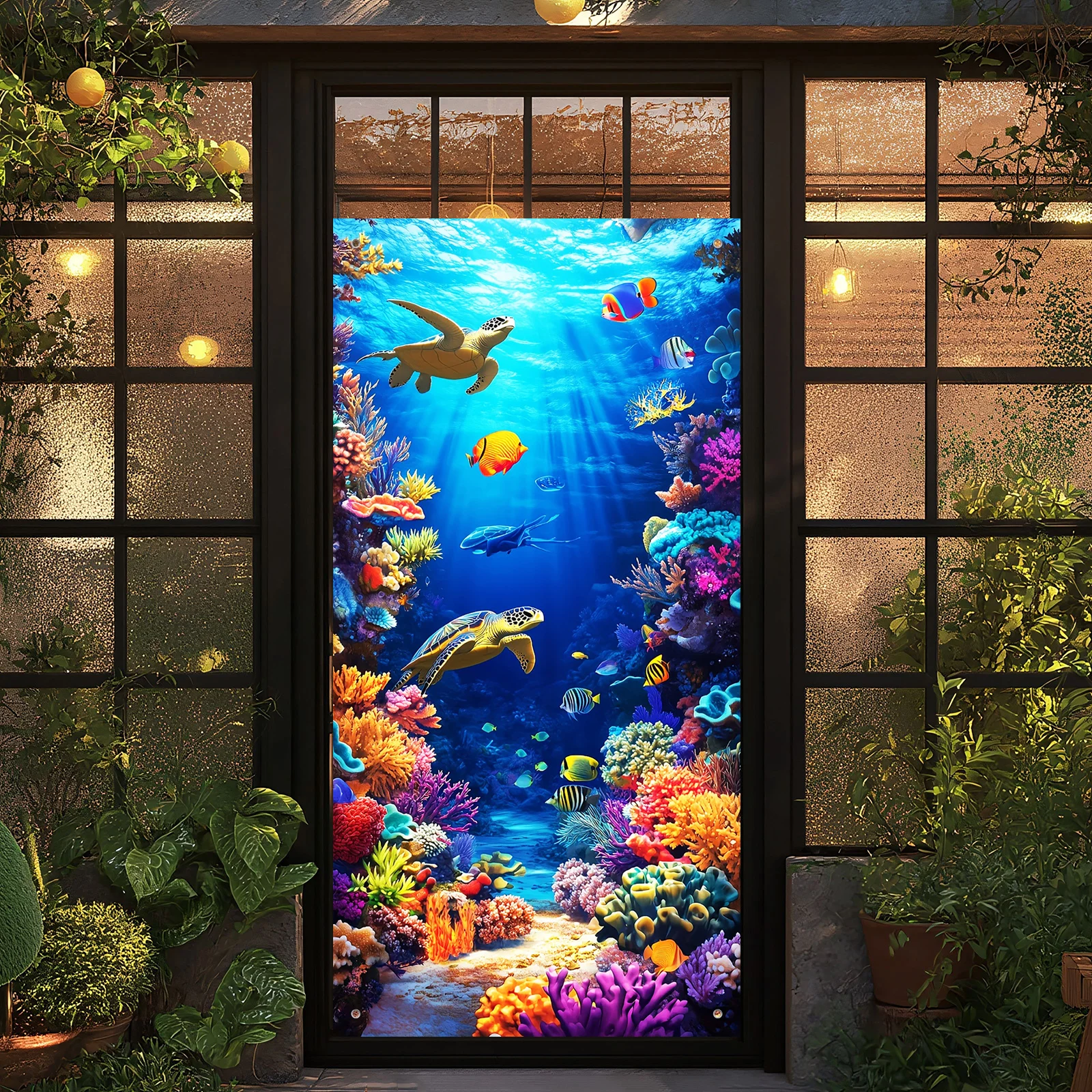 2D-Flachstoff, 1 Stück, Unterwasser-Korallen- und Fischmotiv, geeignet für Türen und Wohnzimmer, 2D-Flachbild
