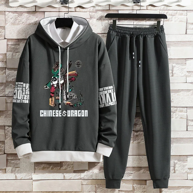 Sweatshirt Set with Men\'s Printed Chinese Characters, Casual Fashion Hoodie Set, Autumn New Style