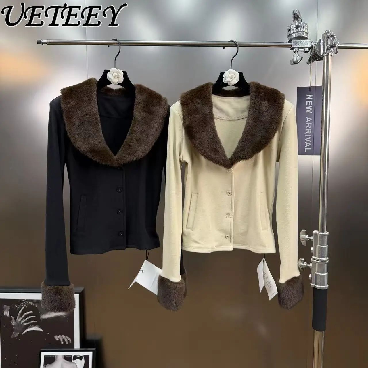 

Autumn Winter New American Retro Double-Sided Fleece Spliced Fur Collar Short Sweater Coat Versatile Slimming Knitted Cardigan