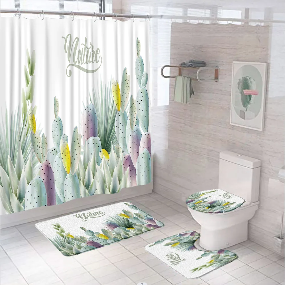 Tropical Cactus Shower Curtain Sets Flower Blossom Succulent Plant Bathroom Curtains Non-Slip Bath Mat Rug Lid Toilet Cover Home