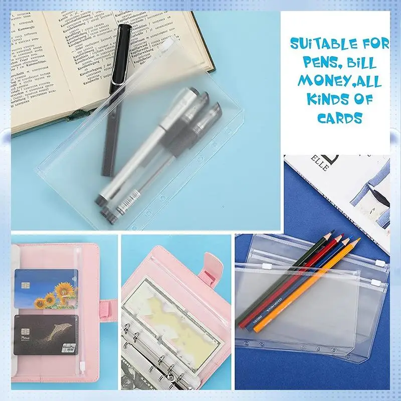 

A82Q-48 Pieces Binder Pockets 6 Holes Zipper Binder Pouch Folders Clear Waterproof PVC Loose Leaf Bags