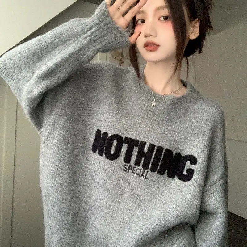 

Loose Women's Sweaters Winter Letter Knitwear Keep Warm Tops Innerwear Student Round Neck Jumper Lazy Soft and Sticky Pullover