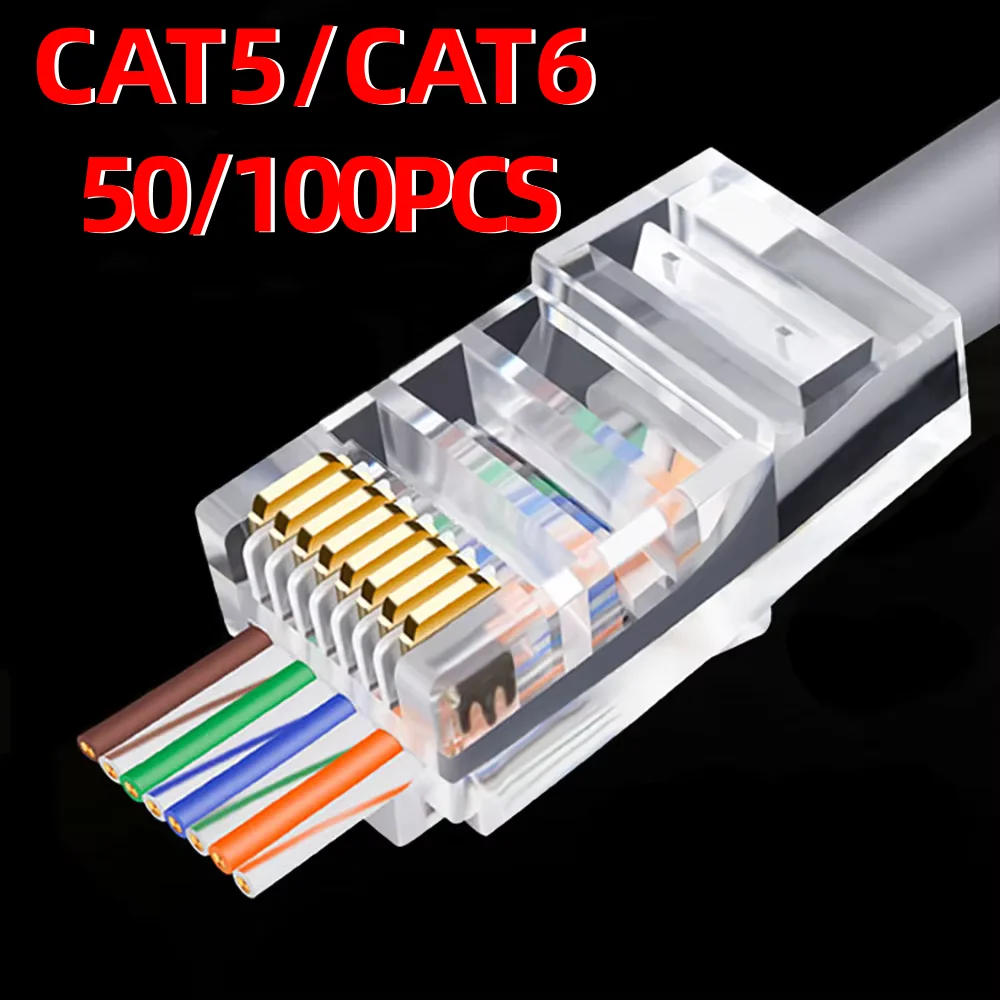 50/100pcs RJ45 Cat6 Connector 6U Gold PlatedPass Through Ethernet Cables Module Plug Network RJ-45 Crystal Heads Cat5 Cat5e