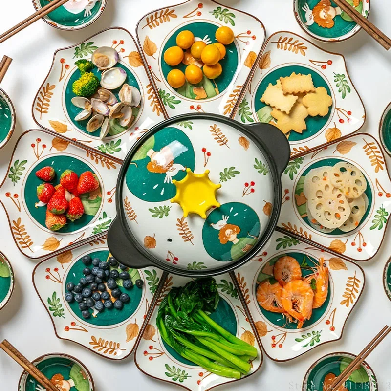 Ceramic cartoon dinner plate, household creative casserole plate seafood party hot pot reunion platter tableware combination set