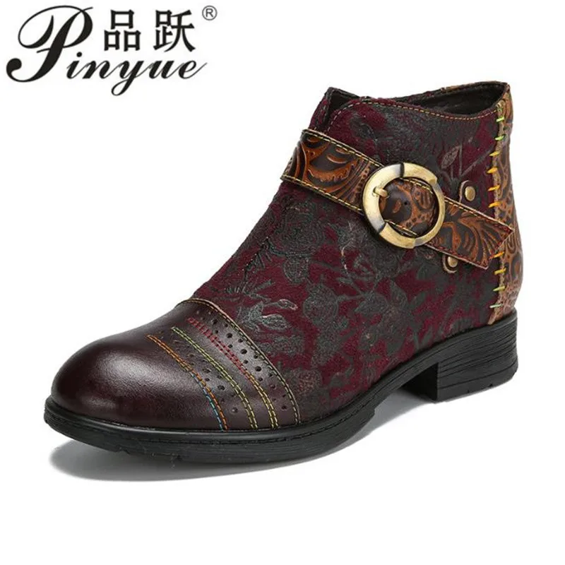 

women Ankle Boots New Ethnic Style Women Leather Shoes Round Toe Belt Buckle Handmade Embossing Short Boots 36-42