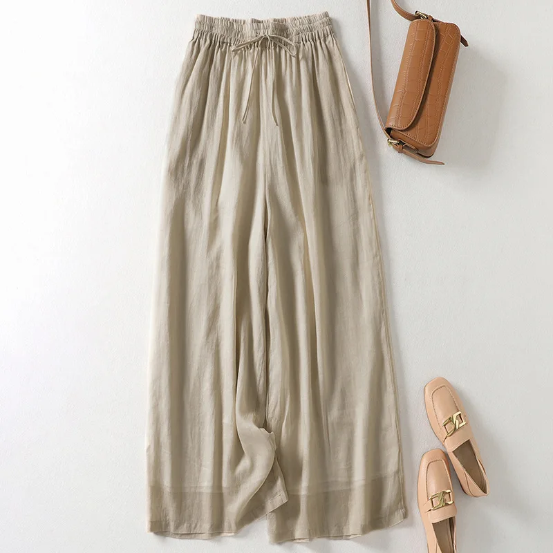 2026 Spring Summer Double-layer Ramie Wide-leg Pants Women's Loose Ankle-length Pants Elastic-waist Comfy Thin Casual Trousers
