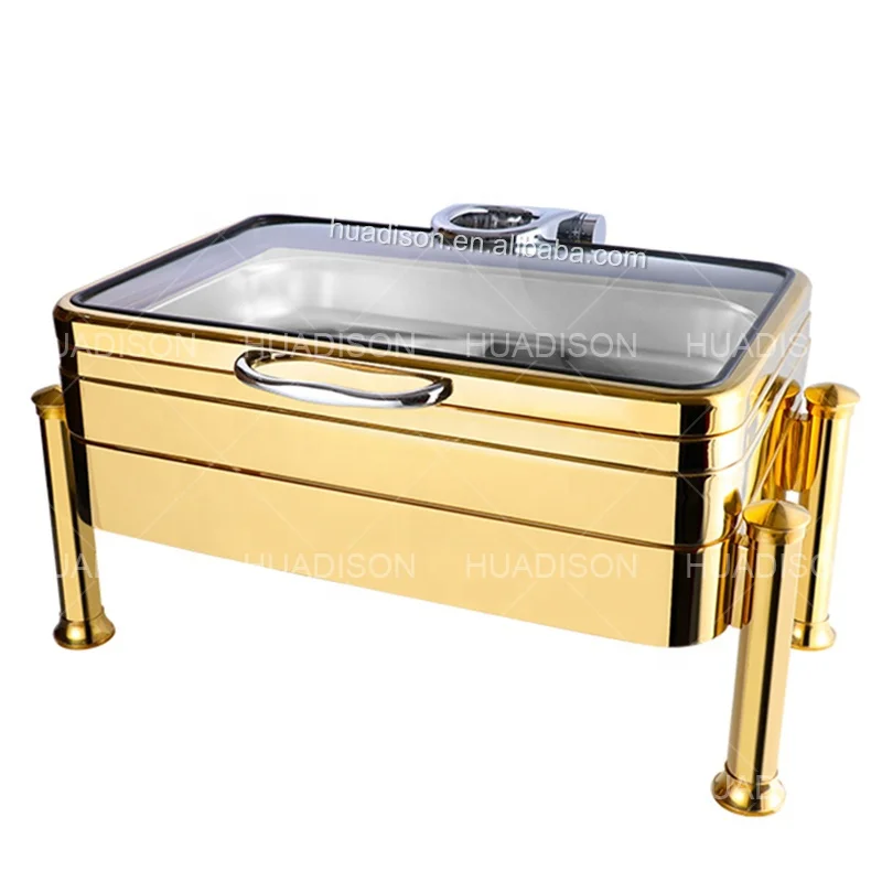 Huadison Restaurant Equipment 304 Stainless Steel Rectangle Chafing Dish Hydraulic Gold Chafing Dishes For Catering