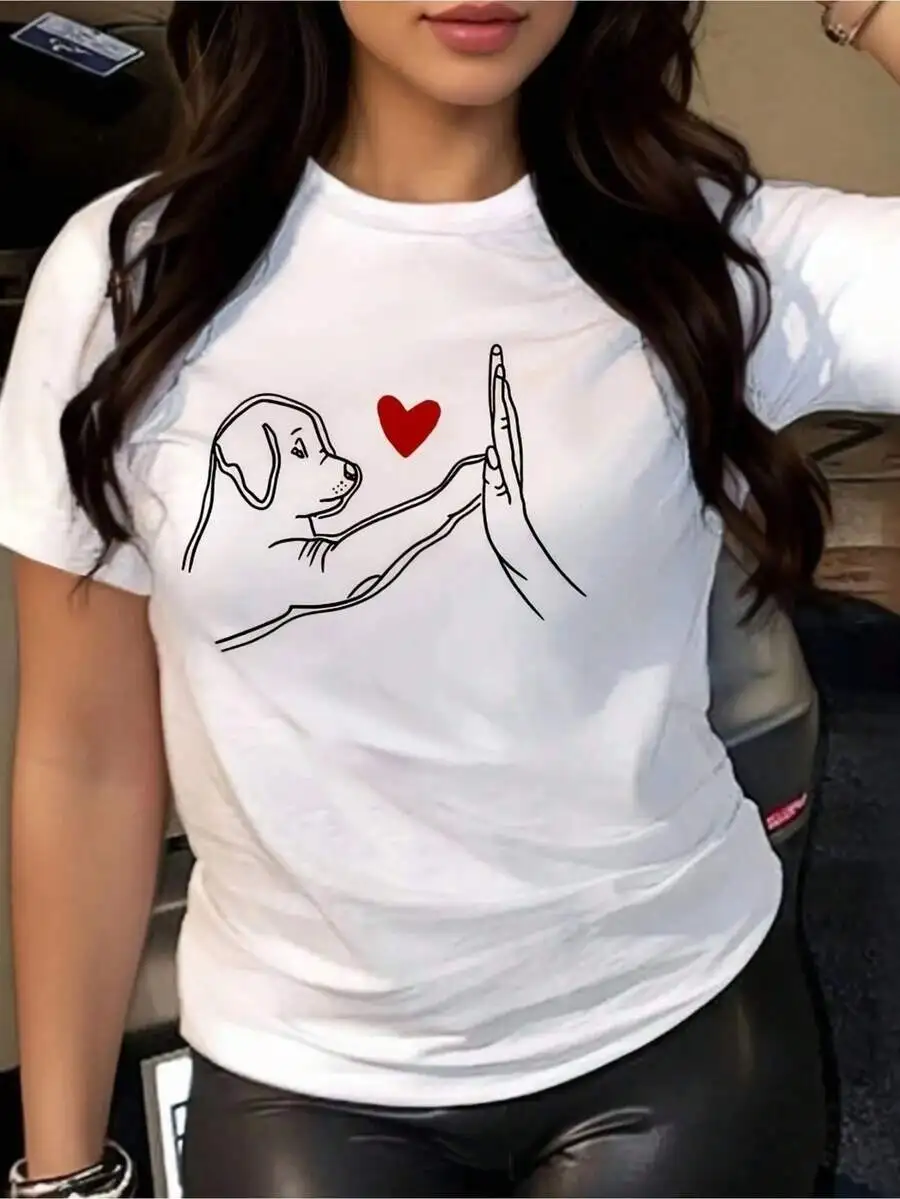 

Womens Dog And Heart Graphic T-Shirt Round Neck Short Sleeve Casual Top
