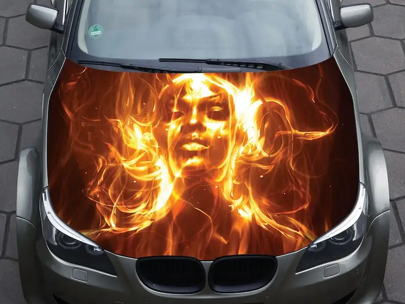 

Car hood wrap decal, vinyl, sticker, graphic, truck decal, truck graphic, bonnet wrap decal, skull, f150, flame, fire, girl,