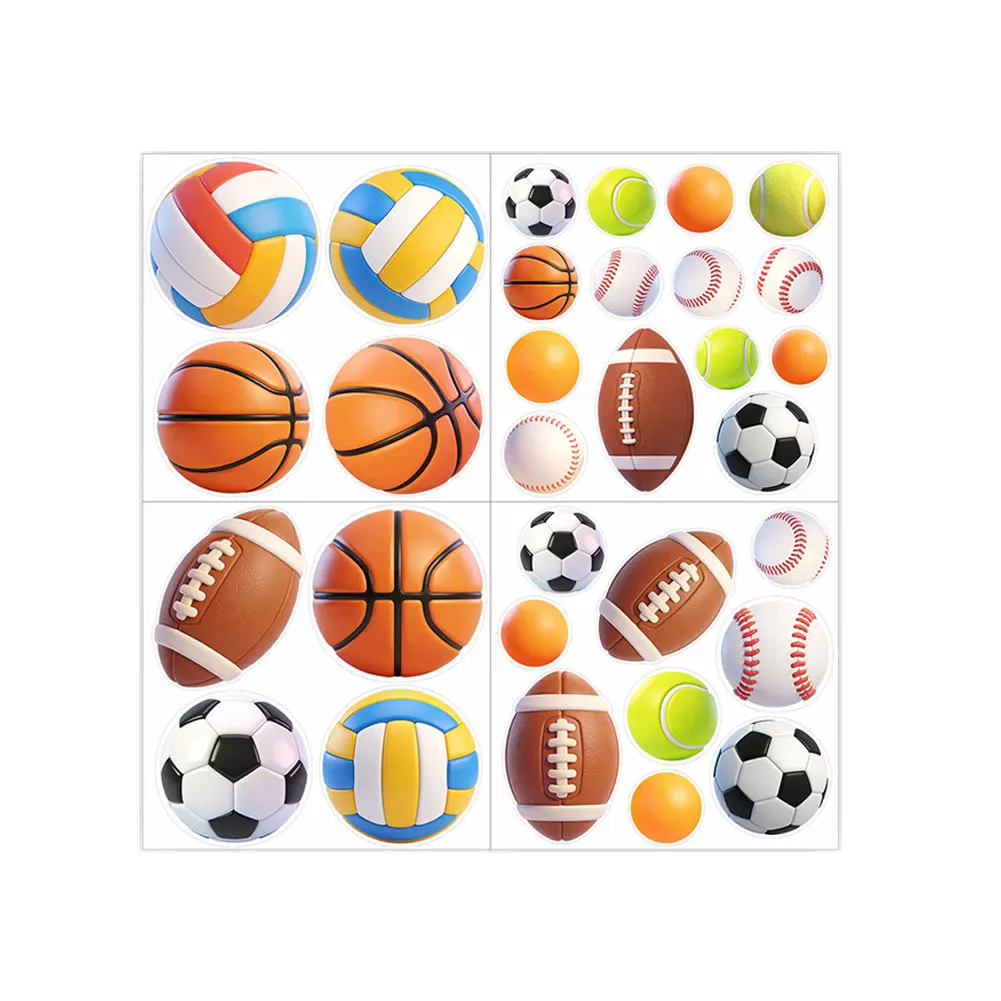 Sports-Themed PVC Wall Stickers Featuring Basketball and Football Designs for Children's Room Decoration Set of 4 Large Decals