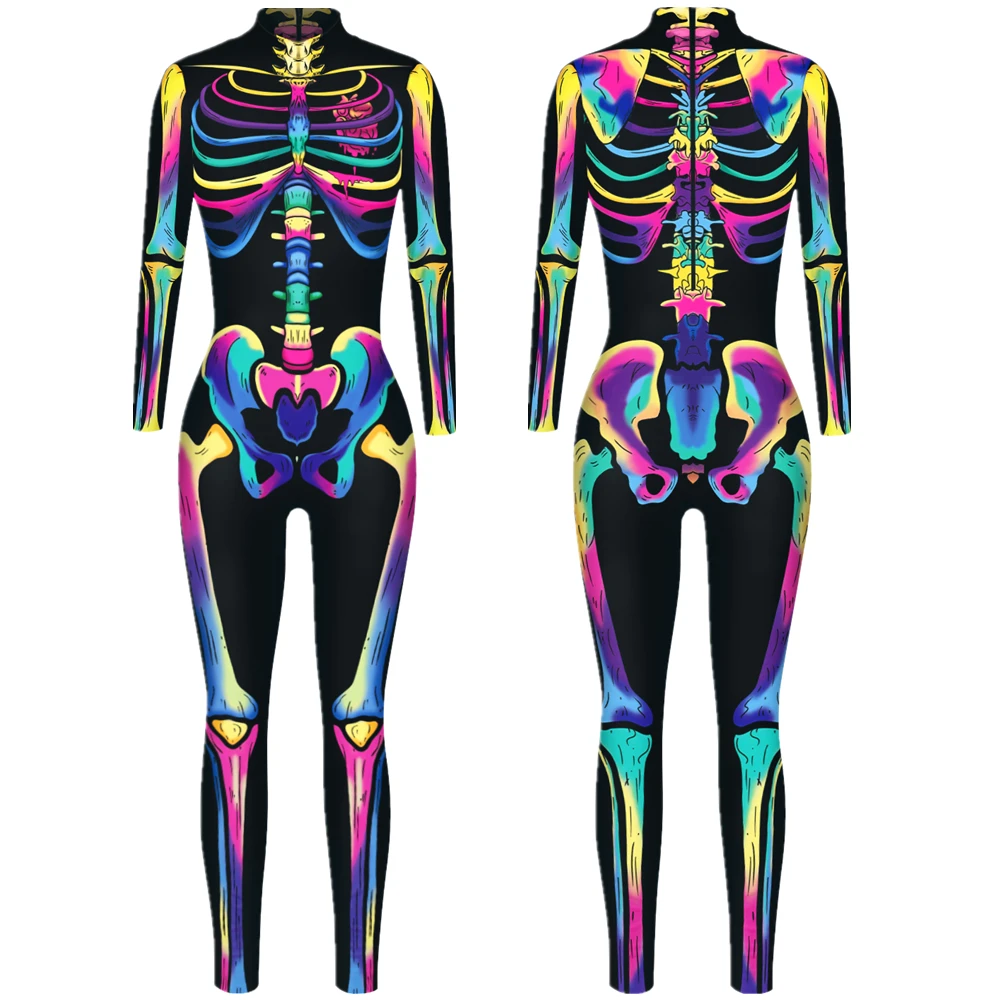 Esqueleto feminino Caveira Fantasma Macacão, bodysuit sexy, Catsuit fino, Carnaval Cosplay Trajes, Zentai, Festa de Halloween