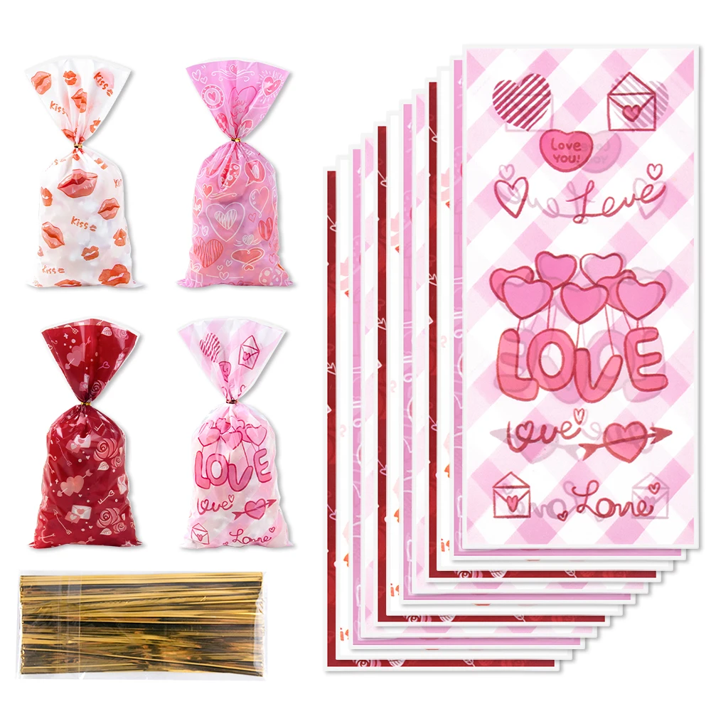 50Pcs Valentine Love Heart Kiss Clear Plastic Candy Bags Wedding Party Decor Valentine's Day Favor Gift Bags Packaging Pouch bag