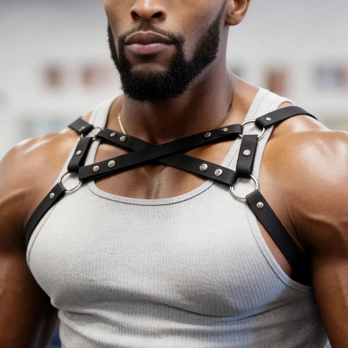 Men Punk Gothic Black PU Leather Cross Rivet Chest Harness, Adjustable Medieval Warrior Decor for Club Rave Festival Halloween